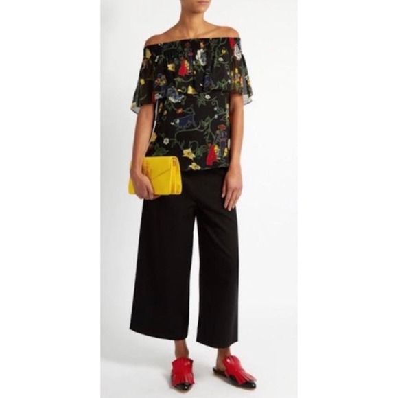 Tibi Tops - Tibi Seville Matador Print Ruffle Off the Shoulder Silk Top in Black, Medium